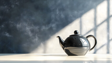 A sleek black ceramic teapot sits on a white surface bathed in dramatic sunlight and shadow from a window