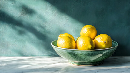 A rustic green ceramic bowl filled with ripe yellow lemons casting shadows on a textured teal background with dappled sunlight