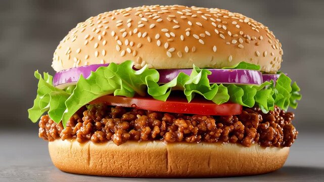 Close-up of a sloppy joe burger with lettuce, tomato, and onion