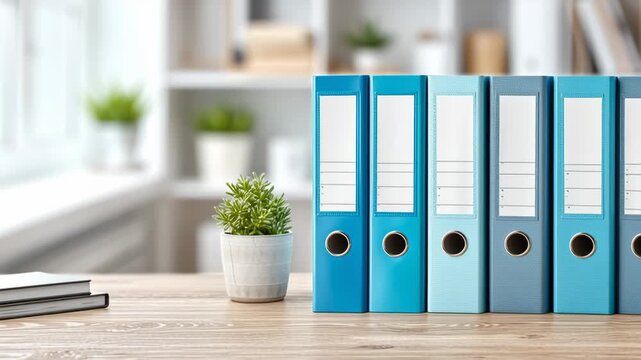 Neatly organized blue binders on office desk with plant