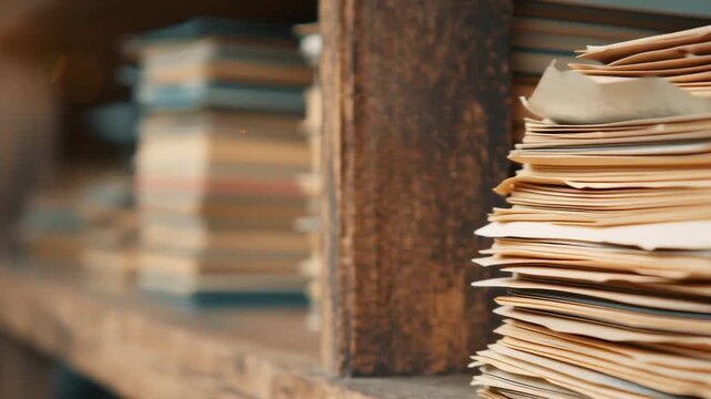 Stacks of old documents and folders on wooden shelf