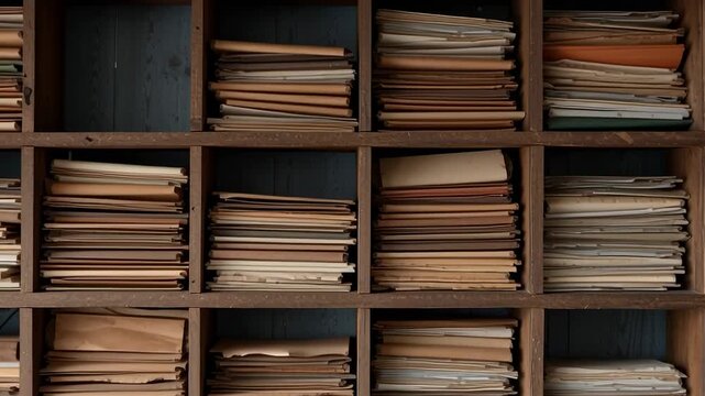 Wooden archive shelves filled with vintage paper folders