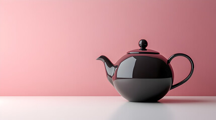 Elegant dark ceramic teapot with a smooth glossy finish set against a soft pastel pink background on a white surface