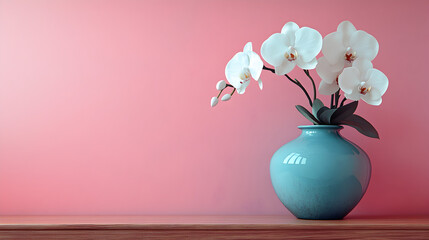 Delicate white orchids in a turquoise vase against a soft pink background on a wooden surface