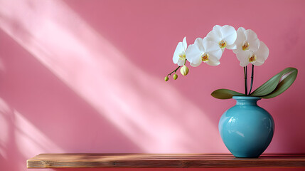 Delicate white orchid in a vibrant teal vase against a soft pink wall with dramatic light and shadow patterns