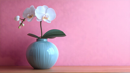 Delicate white orchid flowers bloom in a textured teal vase against a soft pink textured background on a wooden surface