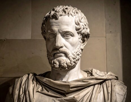 Antique white marble bust depicting a bearded man with curly hair and draped robe