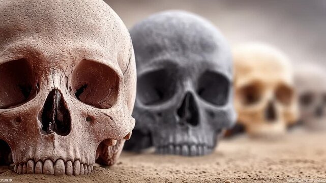 Row of human skulls on sandy surface