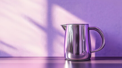 Elegant silver pitcher with textured handle and shimmering light reflections against a purple textured background