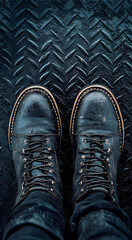 Close up overhead view of worn black leather combat boots with laces standing on a textured dark metal industrial floor surface