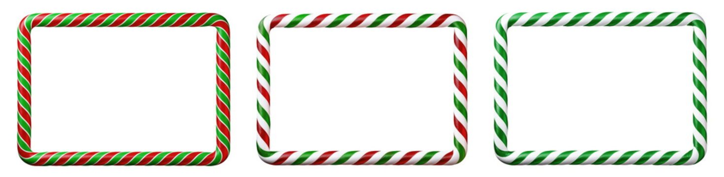 candy cane Christmas holiday frames, red, green and white striped Christmas borders