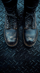 Close up view of a person wearing sturdy black leather work boots standing on a textured metal industrial floor surface