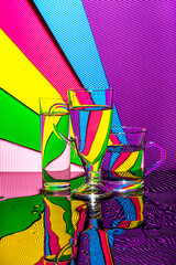 Abstract still life with a glass of water on a color bright background