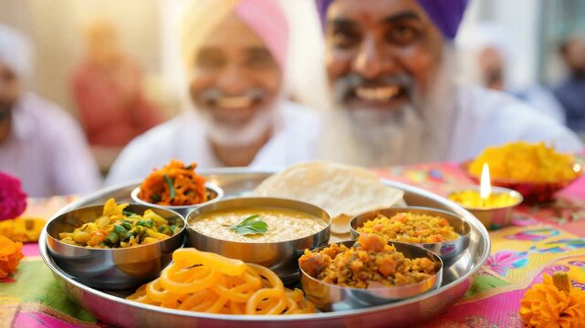 Traditional Indian thali served during Guru Nanak Jayanti, festive vegetarian food, colorful meal, langar offering, community celebration, spiritual feast, stainless steel plate, cultural heritage