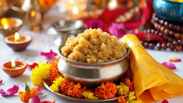 Traditional sweet offering for Guru Nanak Jayanti celebration with halwa in brass bowl, festive flowers, diya lamps, and devotional cloth, Sikh religious ceremony decor