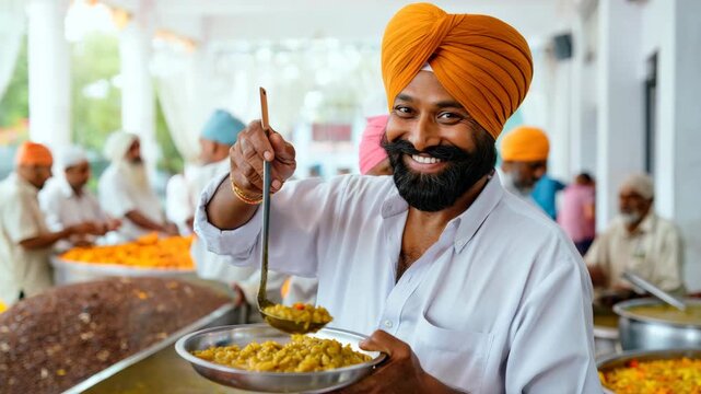 Man serving food during a community meal, Sikh tradition, cultural celebration, orange turban, religious festivity, smiling, stainless steel plate, outdoor gathering, meal distribution