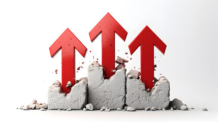 Three red upward pointing arrows breaking through a concrete barrier symbolizing growth and overcoming obstacles