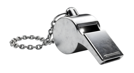 Vibrant metallic whistle with a delicate chain link, reflecting light beautifully, symbolizing communication, authority, and the start or end of an event