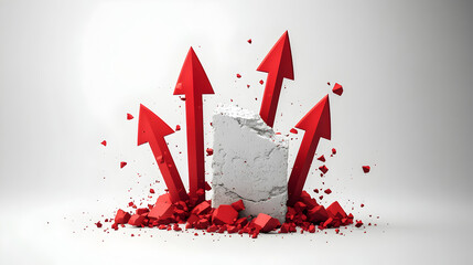 Red arrows exploding outward from a shattered white object symbolizing growth and transformation
