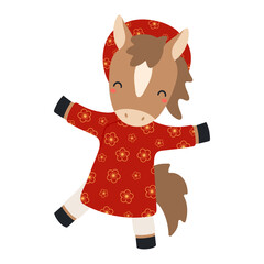 Cute horse girl in traditional Vietnamese clothes ao dai isolated on transparent. Hand drawn flat vector illustration. 2026 New Year zodiac sign, symbol, design element. Cartoon character clip art