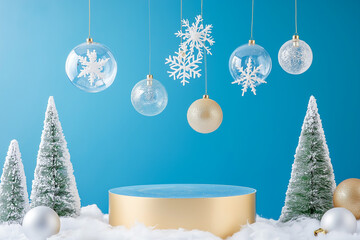 Winter holiday background with golden podium and Christmas decorations