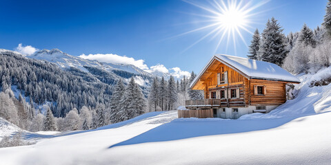 Wooden cabin in snowy mountain landscape on sunny winter day