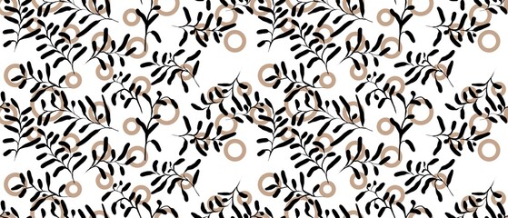 Seamless abstract botanical pattern. Simple background with black, brown, white texture. Digital brush strokes, dots, curves. Design for textile fabrics, wrapping paper, background, wallpaper, cover.