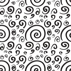 Seamless abstract textured pattern. Simple background with black lines on white. Digital brush strokes. Lines, stains, curves. Design for textile fabrics, wrapping paper, background, wallpaper, cover.