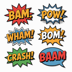 Comic book sound effects like BAM, POW, WHAM, BOM, CRASH, and BAAM burst from speech bubbles.