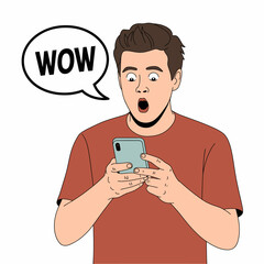 A man is surprised and amazed by something he sees on his smartphone screen.