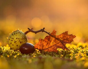 Autumnal Still Life - Chestnut, Leaf, and Spiky Husk in Golden Light.