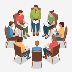 A diverse group of people sit in a circle participating in a therapy or support group session.