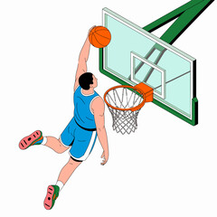 A basketball player is seen mid-air, about to dunk the ball into the hoop.