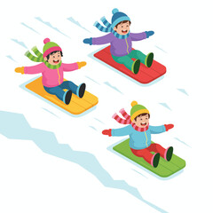 Three children enjoying a fun winter day sledding down a snowy hill together.