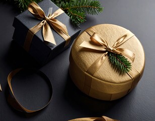 Elegant Christmas Gifts with Gold Ribbons and Evergreen Sprigs.