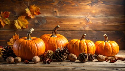 Autumn Harvest - Pumpkins and Pine Cones on Rustic Wood.