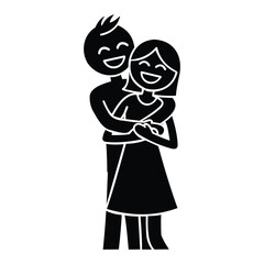 A black silhouette of a happy couple embracing, with joyful expressions, isolated on a