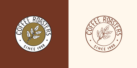 Coffee badge or emblem for your shop or package. To go and arabica coffee. Simple designs ready to use in your business. Gothic and traditional scripts with phrases. Engraved, brush drawn elements