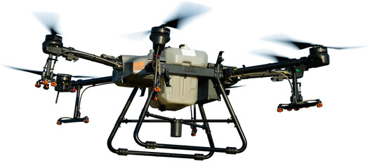 Agricultural technology smart farm concept. Farmer technicians remotely fly agricultural drones to fly to spray fertilizer in fields.