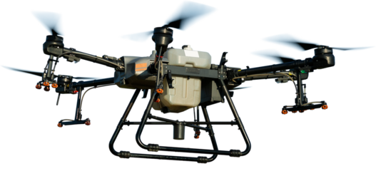 Agricultural technology smart farm concept. Farmer technicians remotely fly agricultural drones to fly to spray fertilizer in fields.