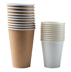 Disposable cardboard biodegradable cups on a white table, gray background.