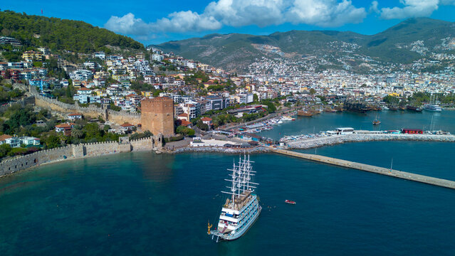 Alanya - Turkey, October 26, 2025, An aerial view of the bay Alanya in Antalya Turkey. Sea and city with an open sky. Kizil Kule - Alanya