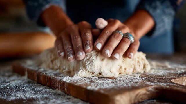 Hands kneading dough on a floured wooden board, dust of flour falling