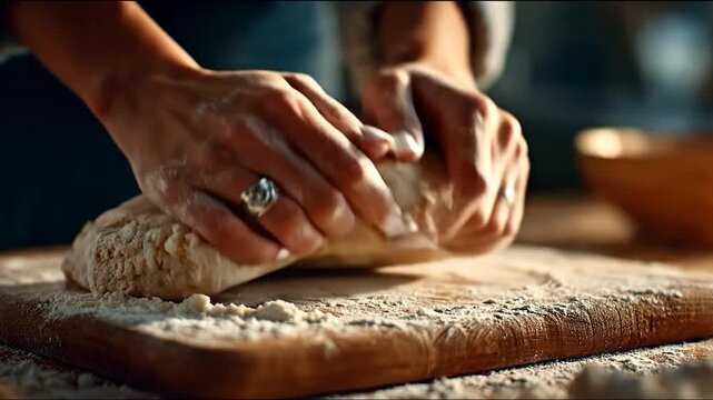 Hands kneading dough on a floured wooden board