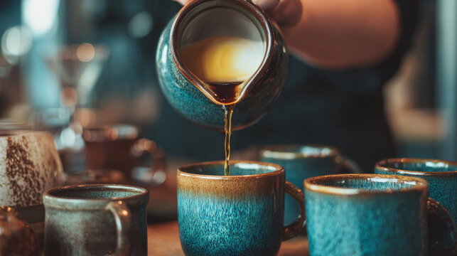 Waitress serving hot beverage during coffee break, close-up view