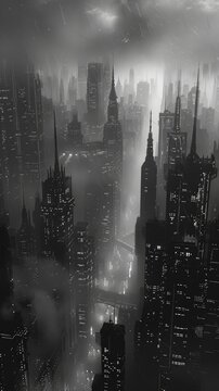 Fototapeta Futuristic cyberpunk cityscape in black and white with skyscrapers and lights