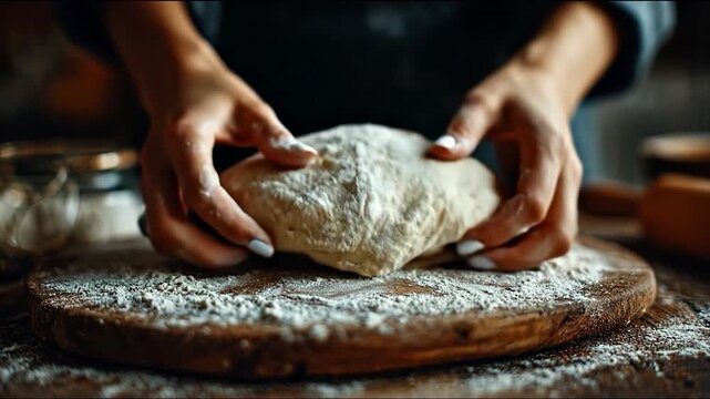 Hands knead dough on a floured wooden board, creating a culinary masterpiece