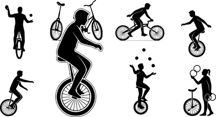 Naklejka premium circus player , riding bike , juggling silhouette vector illustration 