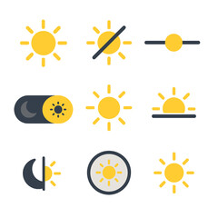 Sun Icon Grid. Flat icon set of sun for UI: sun icon on/off, brightness slider, dark mode toggle, light mode