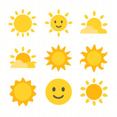 Sun Emoji Icon Set. Flat icon set of sun for emojis: sun emoji circle, sunny face, dawn emoji, dusk emoji,